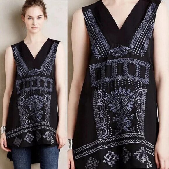 Anthropologie Ranna Gill‎ Black Bohemian Tunic Top Hippie Size XS Blouse Printed - Picture 1 of 12